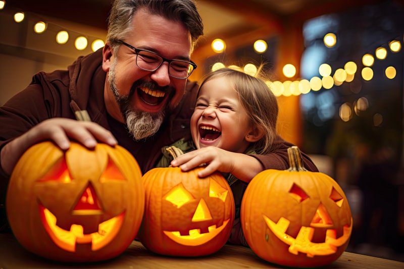 A father and daughter laughing on Halloween with good oral health