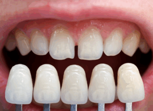 Dental veneers lined up next to a patient’s teeth for comparison